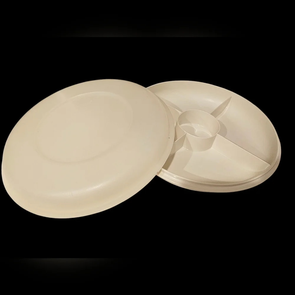 Vintage Tupperware Cream Divided Serving Tray with Lid